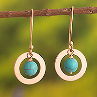 Gold plated dangle earrings, 'Blue-Green Universe' - 24K Gold Plated Circle Earrings with Reconstituted Turquoise