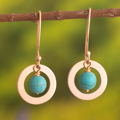 Gold plated dangle earrings, 'Blue-Green Universe' - 24K Gold Plated Circle Earrings with Reconstituted Turquoise