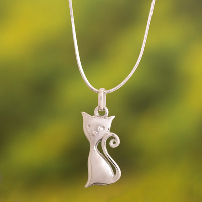 Sterling silver pendant necklace, 'Vain Kitty' - Sterling Silver Snake Chained Cat Pendant Necklace