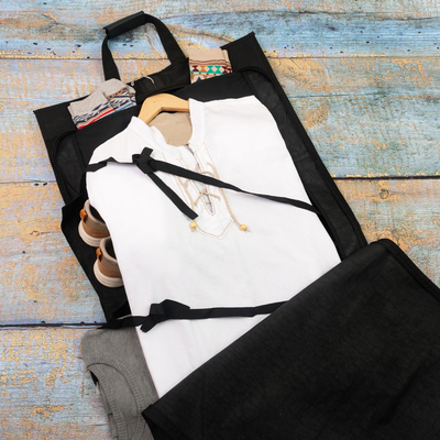 Canvas garment bag, 'Safe Travels' - Black Polyester Travel Bag with Multiple Compartments