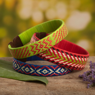 Natural fiber cuff bracelets, 'Rainbow Colombian Geometry' (set of 3) - Cuff Bracelets with Colombian Vueltiao Designs (Set of 3)