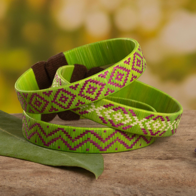 Natural fiber cuff bracelets, 'Green Colombian Geometry' (set of 3) - Cuff Bracelets Woven with Colombian Cane Fiber (Set of 3)