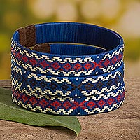 Natural fiber cuff bracelets, 'Azure Colombian Geometry' (set of 3) - 3 Blue Cuff Bracelets Woven with Colombian Cane Fiber