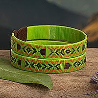 Natural fiber cuff bracelets, 'Lime Colombian Geometry' (pair)