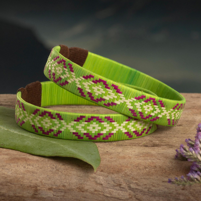 Natural fiber cuff bracelets, 'Apple Colombian Geometry' (pair) - Green Cuff Bracelets Woven with Colombian Cane Fiber (Pair)