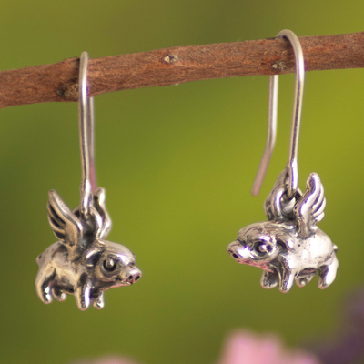 Silver dangle earrings, 'Flying Wilburs' - 950 Silver Flying Pig Dangle Earrings from Cusco Peru