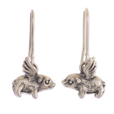 Silver dangle earrings, 'Flying Wilburs' - 950 Silver Flying Pig Dangle Earrings from Cusco Peru