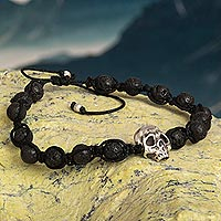 Silver accent lava stone beaded bracelet, 'Disappeared' - 950 Silver Skull and Lava Stone Beaded Bracelet from Peru