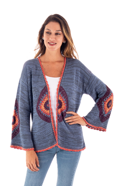 Crocheted cotton cardigan, 'Andes Sunrise' - Hand-Crocheted Open Cardigan
