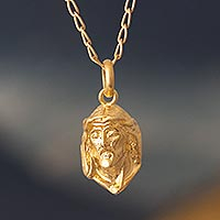 Collar colgante bañado en oro, 'Cristo Pensativo' - Collar de plata de ley bañada en oro de 18 quilates con colgante de Cristo