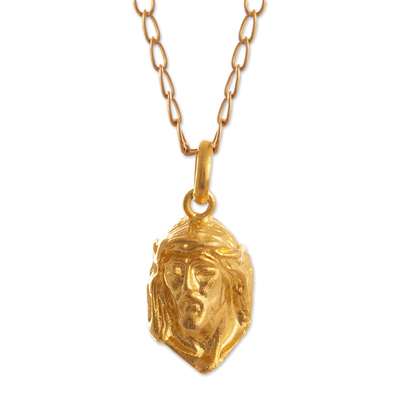 Gold-plated pendant necklace, 'Pensive Christ' - 18K Gold-Plated Sterling Silver Necklace with Christ Pendant