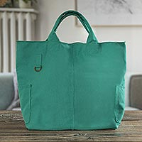 Cotton tote bag, 'Happy Beach' - Turquoise Blue Cotton Tote Bag with Four Compartments