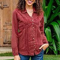 Embellished All-Cotton Blouse from Peru,'Lily of the Incas in Burgundy'