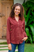 Cotton blouse, 'Lily of the Incas in Burgundy' - Embellished All-Cotton Blouse from Peru thumbail