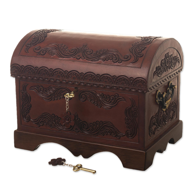 Leather and wood chest, 'Peruvian Treasure' - Leather Overlaid Wood Chest in Colonial Style from Peru