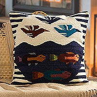Wool cushion cover, 'Marine Diversity' - Sea-and-Sky Themed Wool Cushion Cover with Zipper from Peru