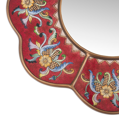 Reverse painted glass wall mirror, 'Red Cajamarca Blossom' - Reverse Painted Glass Wall Mirror with Flowers on Red