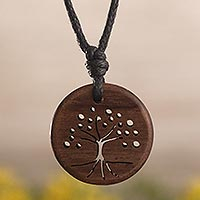 Wood pendant necklace, 'Coricaspi Tree' - Tropical wood Tree-Themed Pendant with Black Cotton Cord