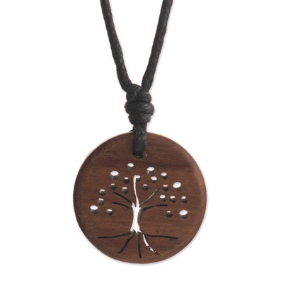 Tropical wood Tree-Themed Pendant with Black Cotton Cord