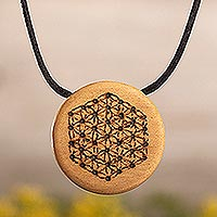 Wood pendant necklace,'Life Flower' - Flower of Life Themed Tropical Wood Pendant Necklace