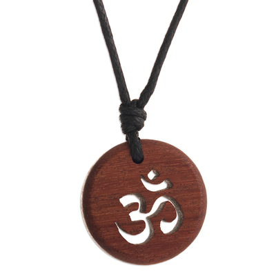 Sacred Om Symbol on Tropical Wood with Black Cotton Cord