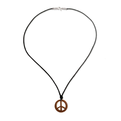 Wood pendant necklace, 'Peruvian Peace' - Wood Peace Sign Pendant with Black Cotton Cord