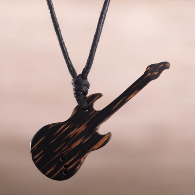 Wood pendant necklace, 'Air Guitar' - Palmwood Electric Guitar Pendant on Black Cord