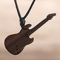 Wood pendant necklace, 'Tropical Rock' - Guayacan Wood Electric Guitar Pendant on a Black Cord