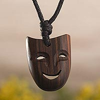 Wood pendant necklace, 'Peruvian Comedy' - Classic Comedy Mask Pendent of Tropical Wood from Peru