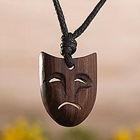 Wood pendant necklace, 'Peruvian Tragedy' - Greek Tragedy Mask Pendent of Tropical Wood from Peru
