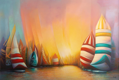 'Regatta at Dawn' - Oil on Canvas Depicting a Sailboat Race in the Early Morning