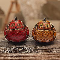 Dried mate gourd decorative boxes, 'Fortunate Owls' (pair) - Decorative Owl Figures of Dried Mate Gourds from Peru (Pair)