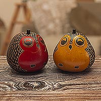 Dried mate gourd decorative boxes, 'Singing Owls' - Decorative Owl Figures of Dried Mate Gourds from Peru (Pair)