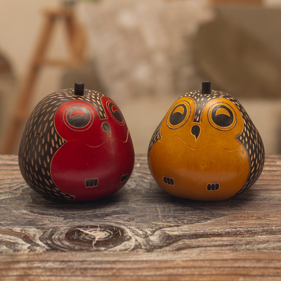 Dried mate gourd decorative boxes, 'Singing Owls' - Decorative Owl Figures of Dried Mate Gourds from Peru (Pair)