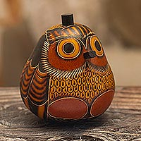 Dried mate gourd decorative box, 'Owl's Wisdom' - Mate Gourd Owl Decorative Container
