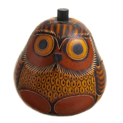 Dried mate gourd decorative box, 'Owl's Wisdom' - Cut Dried Mate Gourd Decorative Container with Owl Motif