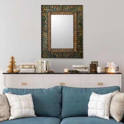 Wandspiegel aus rückseitig lackiertem Glas - Umgekehrter Wandspiegel aus bemaltem Glas und Holzrahmen aus Peru
