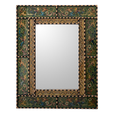 Reverse painted glass wall mirror, 'Green Peruvian Elegance' - Reverse Painted Glass and Wood Framed Wall Mirror from Peru