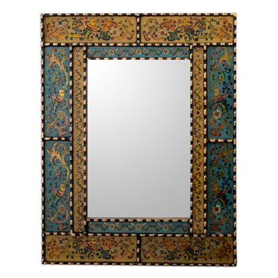 Reverse painted glass wall mirror, 'Golden Blue Elegance' - Reverse Painted Glass and Wood Framed Wall Mirror from Peru