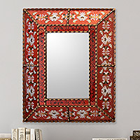 Reverse painted glass wall mirror, 'Red Colonial Garden' - Colonial Era Inspired Wall Mirror with Red Frame from Peru