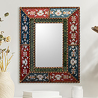 Reverse painted  glass wall mirror, 'Red and Green Colonial Garden' - Red and Green Colonial Style Reverse Painted Glass Mirror