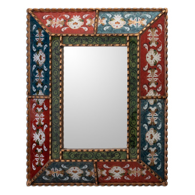 Reverse painted  glass wall mirror, 'Red and Green Colonial Garden' - Red and Green Colonial Style Reverse Painted Glass Mirror