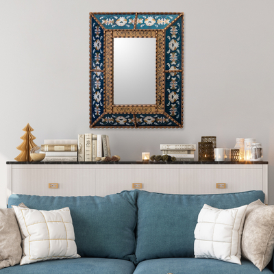Reverse painted glass wall mirror, 'Teal Colonial Garden' - Colonial Era Inspired Style Wall Mirror with Teal Frame