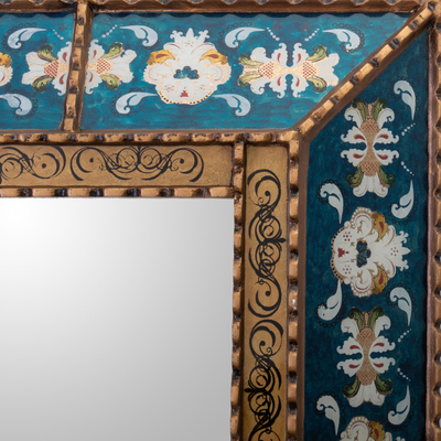 Espejo de pared de vidrio pintado al revés - Espejo de pared de estilo inspirado en la era colonial con marco verde azulado
