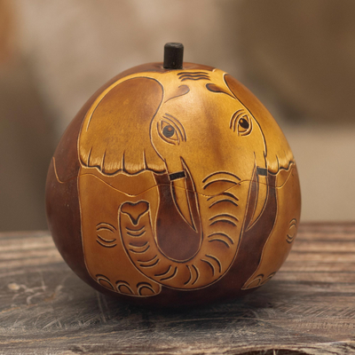 Dried mate gourd decorative box, 'Earth Tone Elephant' - Dried Gourd with Burned Image of an Elephant from Peru