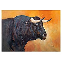 'Black Bull' - Signed Original Bull Painting from Peru