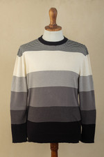 Men's cotton sweater, 'Dark Horizons' - Striped All-Cotton Sweater from Peru