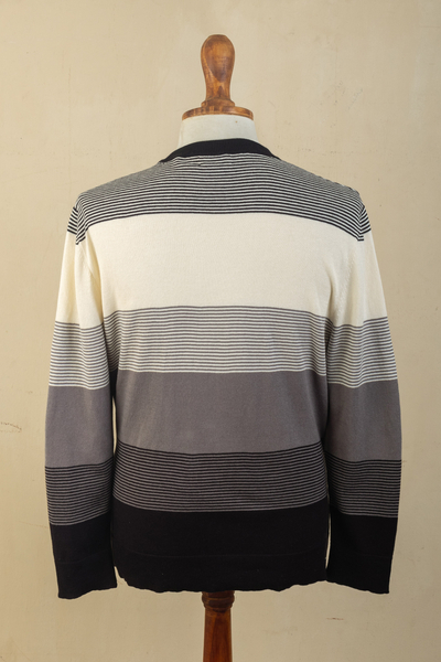 Men's cotton sweater, 'Dark Horizons' - Striped All-Cotton Sweater from Peru