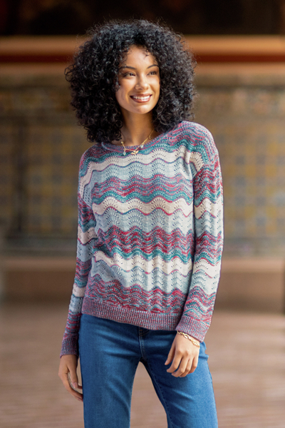Pointelle Knit Cotton Sweater, 'Color Waves