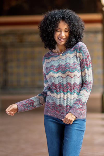 Cotton pullover sweater, 'colour Waves' - Pointelle Knit Cotton Sweater